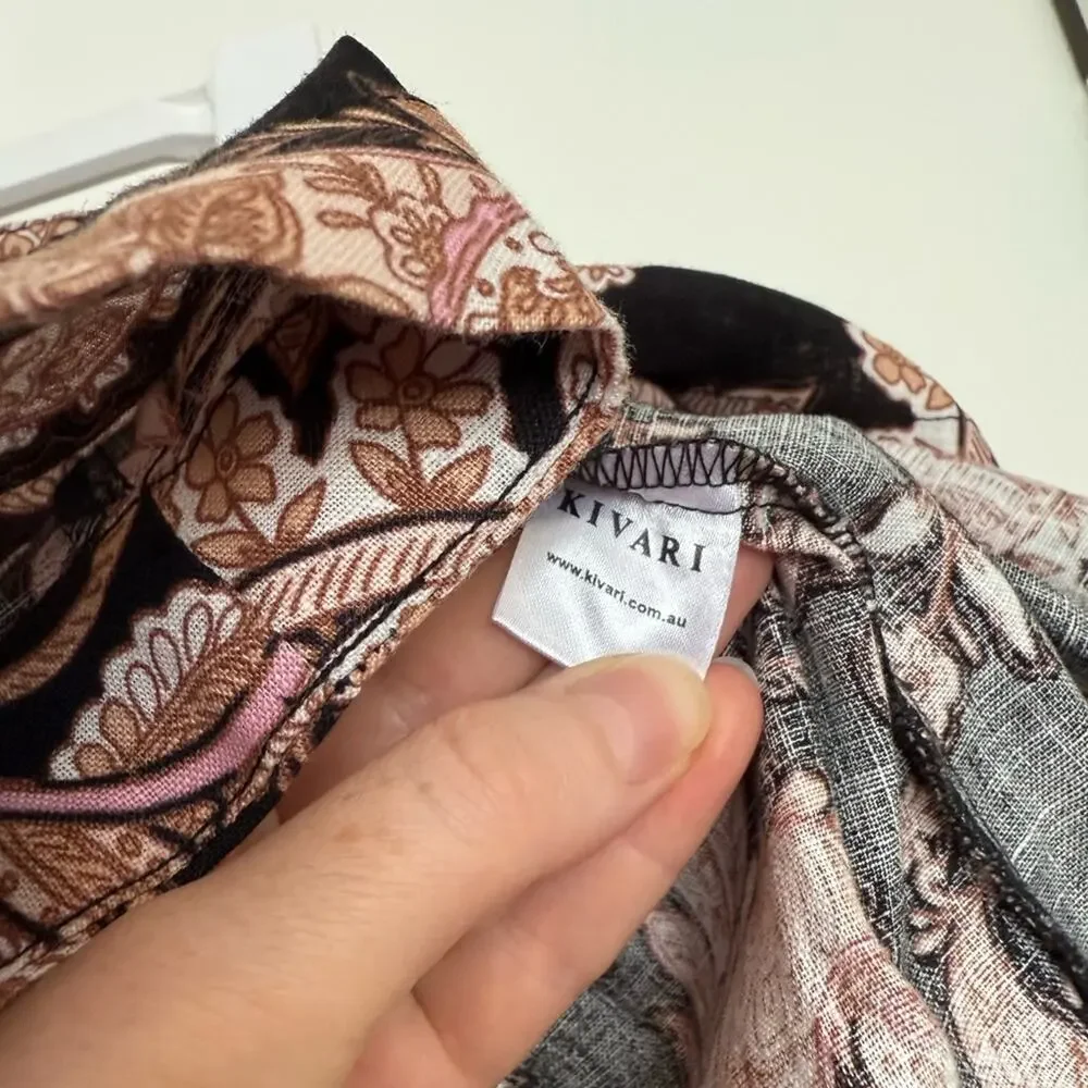 NWT Kivari Layla Black Paisley Linen High Waisted Paperbag Belted Shorts